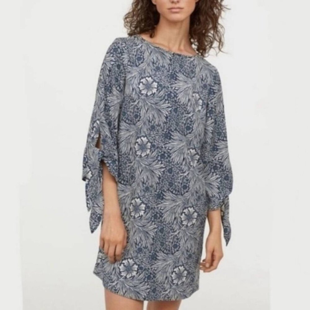 William Morris x H&M blue floral shift dress bow sleeve Arts & Crafts boho US 6